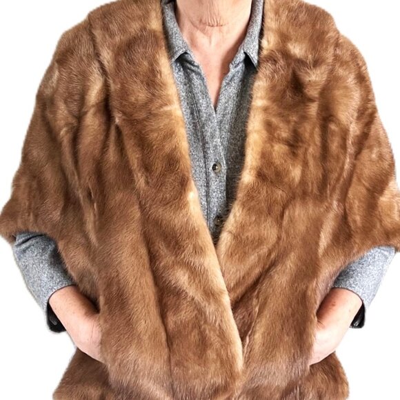 VTG 1960s Genuine Mink Fur Stole Shawl Wrap Brown Satin Lined JC Penney Pockets - Picture 1 of 11